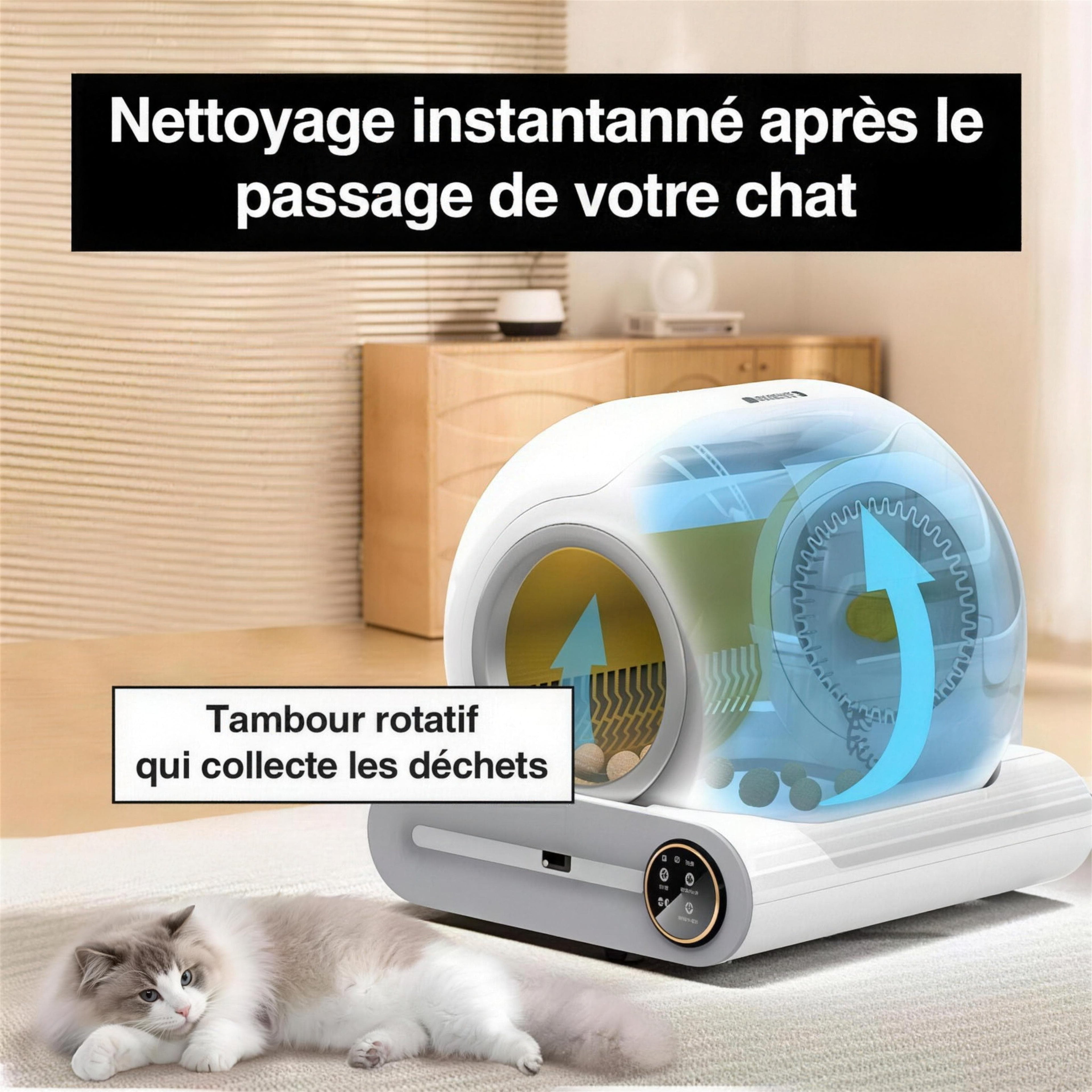 Litière Automatique Autonettoyante 65L — WiFi & Silencieuse