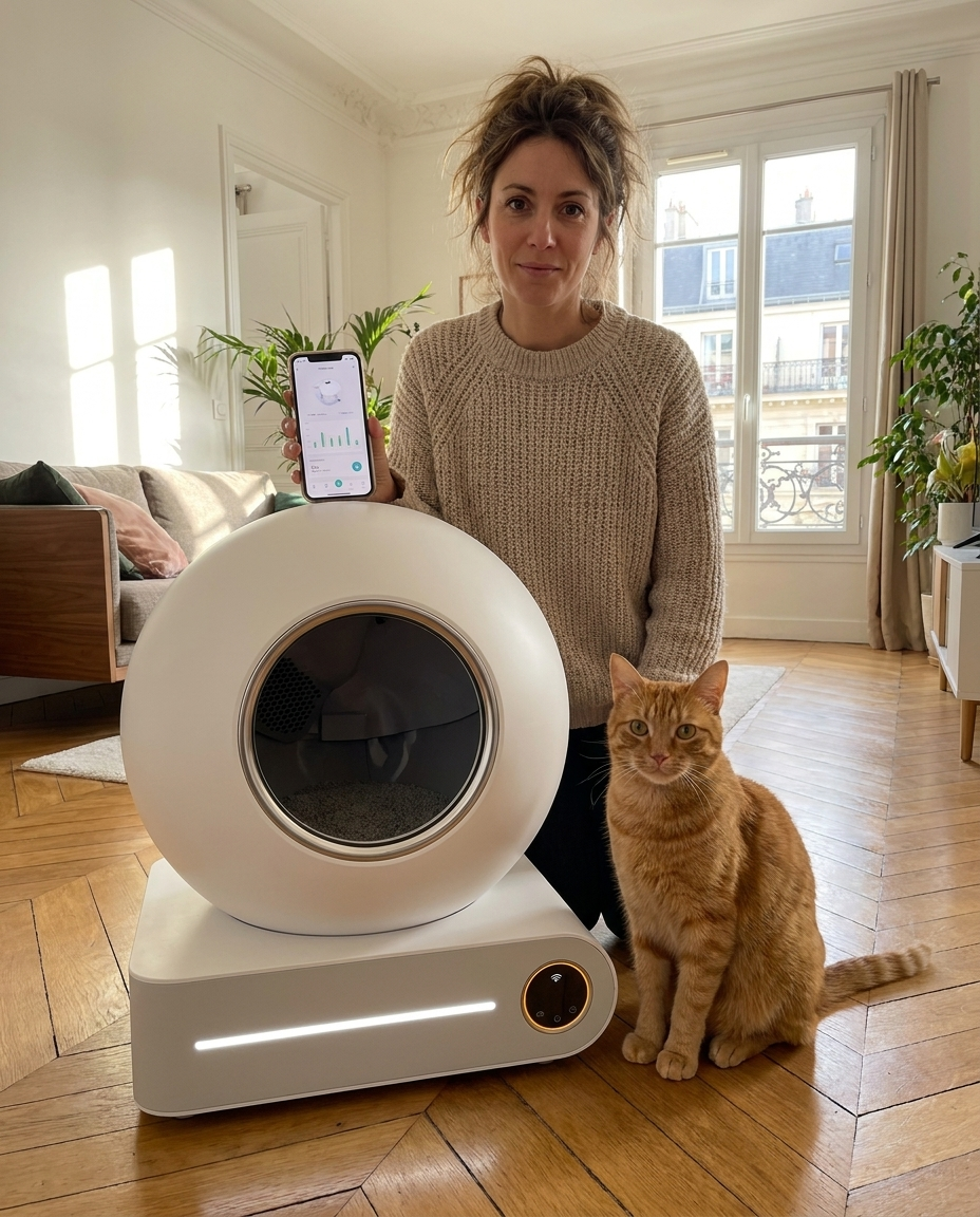 Litière - Femme + chat tabby